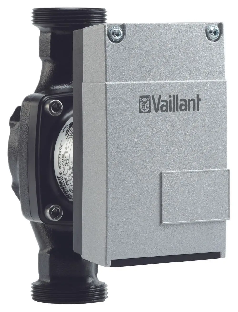 Vaillant Hocheffizienz-Kesselkreispumpe mit grauem Gehäuse und schwarzem Anschluss. Abgebildet ist die Pumpe ohne Montagematerial und in einem neutralen Hintergrund.